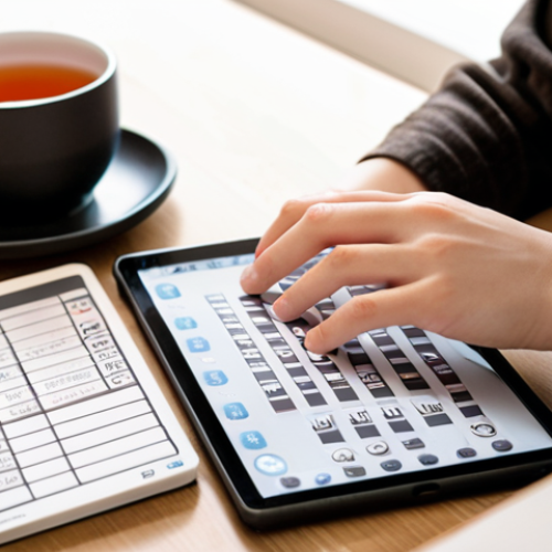 Home 16 ** A person happily using Anki flashcards on a tablet, surrounded by kanji textbooks and a cup of tea. The scene is brightly lit and suggests focused study. This illustrates the Spaced Repetition technique with Anki.
**