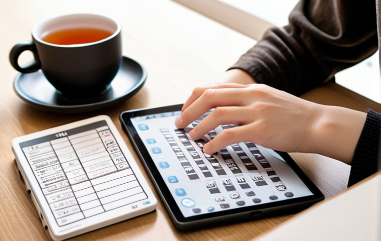 ** A person happily using Anki flashcards on a tablet, surrounded by kanji textbooks and a cup of tea. The scene is brightly lit and suggests focused study. This illustrates the Spaced Repetition technique with Anki.
**