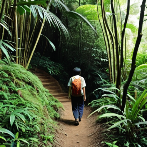 Home 14 **Image Prompt:** A person hiking through a dense jungle, looking confused and lost, symbolizing the difficulty of learning Japanese grammar without a structured approach. In the background, a faint, winding path represents a more organized learning method. The overall tone should be slightly humorous but also convey the challenge.