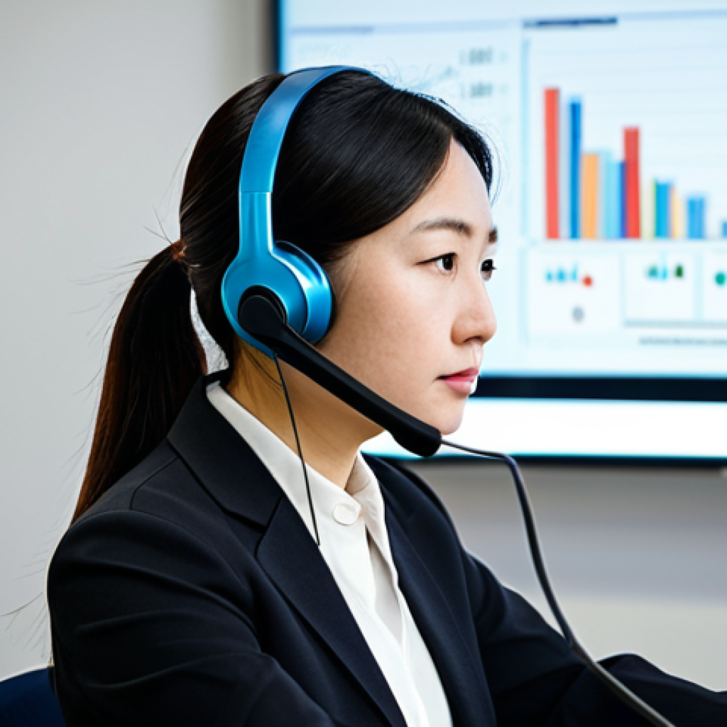 A focused professional female interpreter, of East Asian descent, in a modest business blazer and tailored trousers, wearing a professional headset, intensely listening and simultaneously articulating into a microphone. She is seated at a conference table in a modern, well-lit meeting room, with a subtle digital display in the background showing blurred graphs. The pose is natural, conveying deep concentration. The image captures the precision and high pressure of simultaneous interpretation. safe for work, appropriate content, fully clothed, professional dress, perfect anatomy, correct proportions, well-formed hands, proper finger count, natural body proportions, professional photography, high quality, studio lighting.