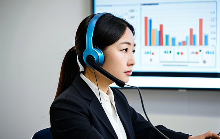 A focused professional female interpreter, of East Asian descent, in a modest business blazer and tailored trousers, wearing a professional headset, intensely listening and simultaneously articulating into a microphone. She is seated at a conference table in a modern, well-lit meeting room, with a subtle digital display in the background showing blurred graphs. The pose is natural, conveying deep concentration. The image captures the precision and high pressure of simultaneous interpretation. safe for work, appropriate content, fully clothed, professional dress, perfect anatomy, correct proportions, well-formed hands, proper finger count, natural body proportions, professional photography, high quality, studio lighting.
