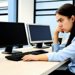 A professional university student, fully clothed in modest business casual attire, sits at an individual workstation in a modern, quiet computer-based testing center. The student's expression shows a moment of focused, subtle frustration as an error message appears on their computer screen, but they maintain composure. Their hands are resting calmly on the desk, not showing any distress. The environment is clean and well-lit, with other distant workstations visible, all in a professional setting. safe for work, appropriate content, fully clothed, professional, perfect anatomy, correct proportions, natural pose, well-formed hands, proper finger count, natural body proportions, professional photography, high quality.