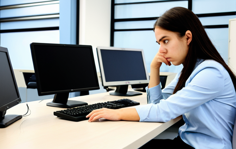 A professional university student, fully clothed in modest business casual attire, sits at an individual workstation in a modern, quiet computer-based testing center. The student's expression shows a moment of focused, subtle frustration as an error message appears on their computer screen, but they maintain composure. Their hands are resting calmly on the desk, not showing any distress. The environment is clean and well-lit, with other distant workstations visible, all in a professional setting. safe for work, appropriate content, fully clothed, professional, perfect anatomy, correct proportions, natural pose, well-formed hands, proper finger count, natural body proportions, professional photography, high quality.