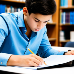 A focused young adult student, fully clothed in modest, professional attire, intently studying a mock test paper at a tidy desk in a modern, well-lit library. A digital timer is visible on the desk, indicating time management. The student maintains a natural pose with perfect anatomy, correct proportions, well-formed hands, and proper finger count. The background is softly blurred to emphasize the subject's concentration. safe for work, appropriate content, family-friendly, professional photography, high quality, realistic rendering.