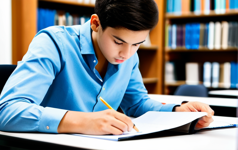 A focused young adult student, fully clothed in modest, professional attire, intently studying a mock test paper at a tidy desk in a modern, well-lit library. A digital timer is visible on the desk, indicating time management. The student maintains a natural pose with perfect anatomy, correct proportions, well-formed hands, and proper finger count. The background is softly blurred to emphasize the subject's concentration. safe for work, appropriate content, family-friendly, professional photography, high quality, realistic rendering.