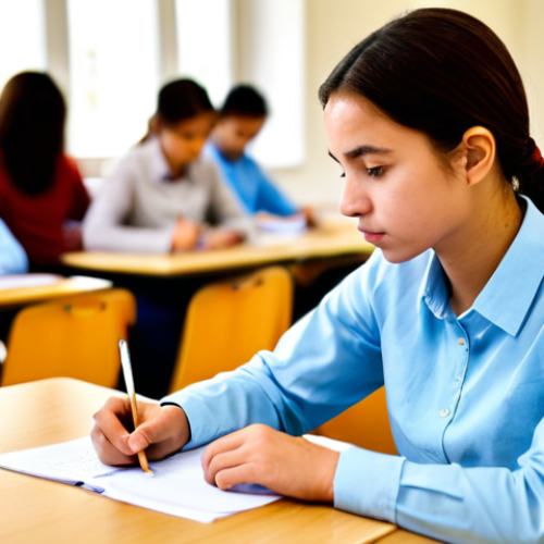 A diligent young adult, appearing focused and determined, seated at an individual desk within a bright, spacious exam hall. The person is wearing a modest, professional long-sleeved shirt and trousers, fully clothed, appropriate attire. They are intently writing on an exam paper with a pencil. The background shows blurred silhouettes of other test-takers, emphasizing concentration. Perfect anatomy, correct proportions, natural pose, well-formed hands, proper finger count, natural body proportions. Professional photography, high-resolution, safe for work, appropriate content, family-friendly.