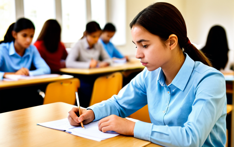 A diligent young adult, appearing focused and determined, seated at an individual desk within a bright, spacious exam hall. The person is wearing a modest, professional long-sleeved shirt and trousers, fully clothed, appropriate attire. They are intently writing on an exam paper with a pencil. The background shows blurred silhouettes of other test-takers, emphasizing concentration. Perfect anatomy, correct proportions, natural pose, well-formed hands, proper finger count, natural body proportions. Professional photography, high-resolution, safe for work, appropriate content, family-friendly.