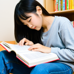 **Subject:** A student studying with Japanese language textbooks and materials.
    **Clothing:** Casually dressed in comfortable clothes, such as jeans and a t-shirt.
    **Environment:** A bright and organized study room with shelves full of books.
    **Details:** Focus on the student's concentration and the learning environment, textbooks, Japanese language books.
    **Quality Modifiers:** High-resolution, realistic, bright lighting, professional quality.
    **Safety:** Safe for work, appropriate content, fully clothed, modest, family-friendly, perfect anatomy, correct proportions, natural pose, well-formed hands, proper finger count, natural body proportions.