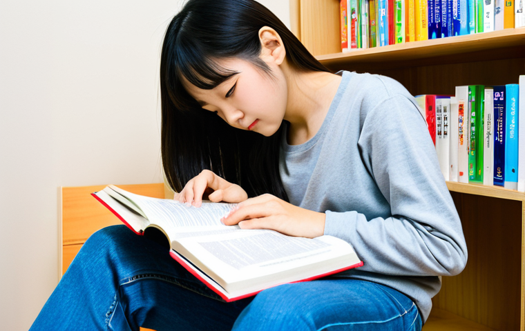 **Subject:** A student studying with Japanese language textbooks and materials.
    **Clothing:** Casually dressed in comfortable clothes, such as jeans and a t-shirt.
    **Environment:** A bright and organized study room with shelves full of books.
    **Details:** Focus on the student's concentration and the learning environment, textbooks, Japanese language books.
    **Quality Modifiers:** High-resolution, realistic, bright lighting, professional quality.
    **Safety:** Safe for work, appropriate content, fully clothed, modest, family-friendly, perfect anatomy, correct proportions, natural pose, well-formed hands, proper finger count, natural body proportions.
