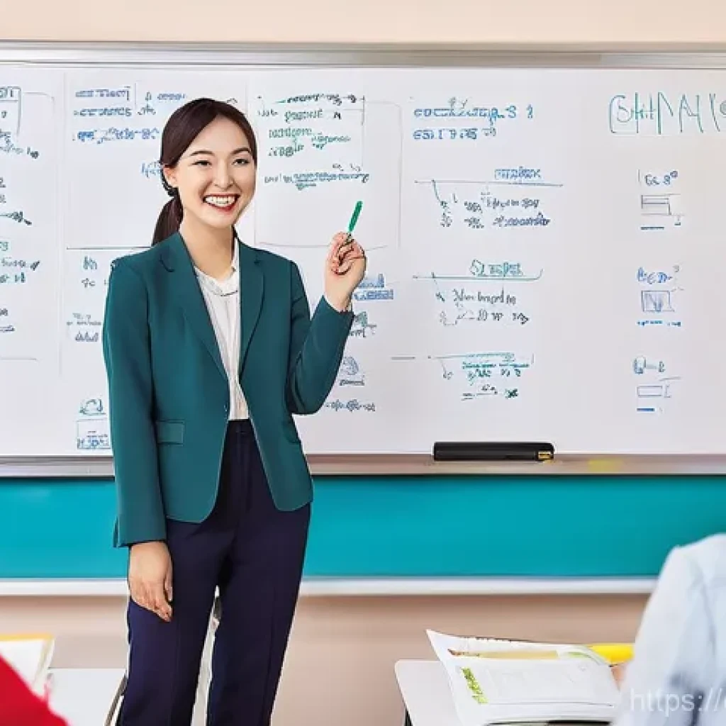 JLPT 자격증과 한국어 교원 자격증의 연계 - **Prompt 1: Bridging Grammatical Concepts**
    "A vibrant, well-lit classroom scene. A female Korea...