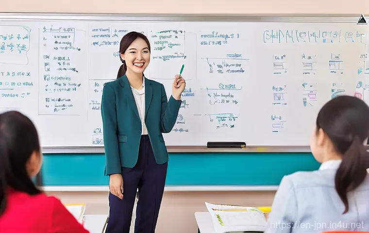 JLPT 자격증과 한국어 교원 자격증의 연계 - **Prompt 1: Bridging Grammatical Concepts**
    "A vibrant, well-lit classroom scene. A female Korea...