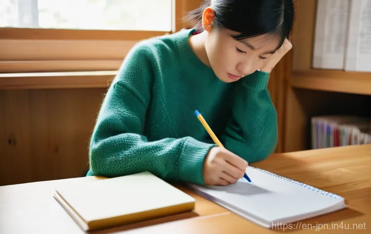 JLPT 시험에서 실수하지 않는 꿀팁 - **A focused student engrossed in Japanese grammar study.**
* **Description:** A bright, well-l...