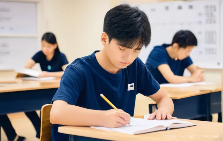 JLPT 시험에서 실수하지 않는 꿀팁 - **A focused student engrossed in Japanese grammar study.**
    *   **Description:** A bright, well-l...