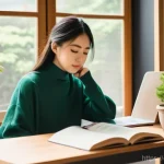 JLPT와 일본어 능력 시험의 장단점 - **Prompt 1: Academic Focus and Achievement (Inspired by JLPT)**
"A diligent young woman, mid-20s...