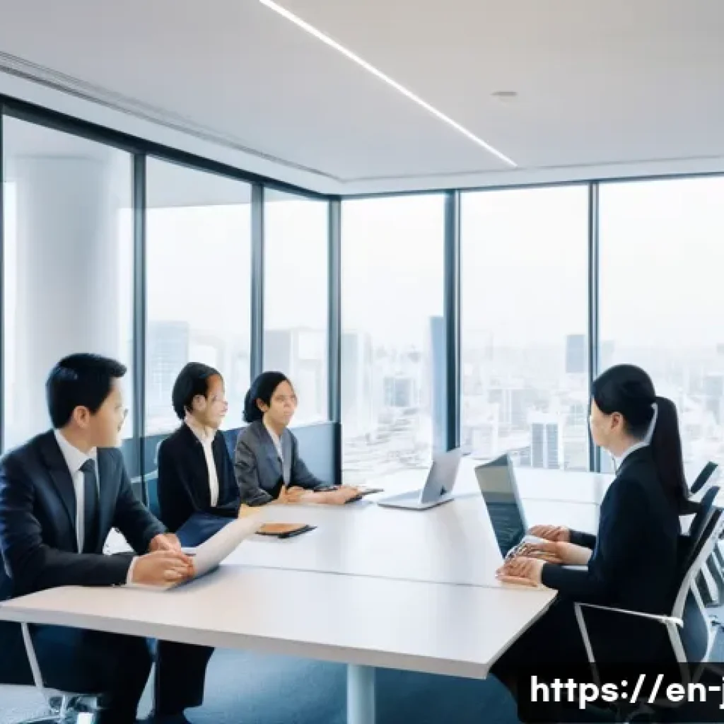 JLPT와 일본 내 직무별 일본어 활용 사례 - A modern Japanese corporate office scene showing a diverse multicultural team in formal business att...