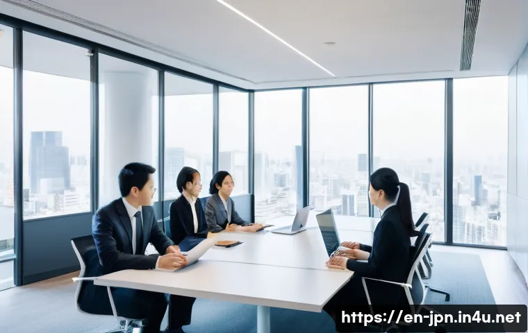 JLPT와 일본 내 직무별 일본어 활용 사례 - A modern Japanese corporate office scene showing a diverse multicultural team in formal business att...