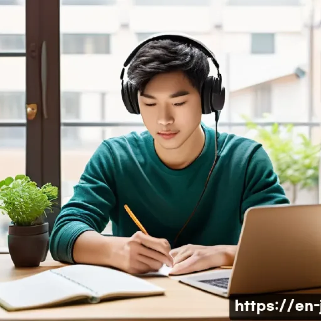JLPT와 일본어 이론 공부 병행하는 법 - A cozy, modern study room bathed in soft morning sunlight streaming through large windows, featuring...