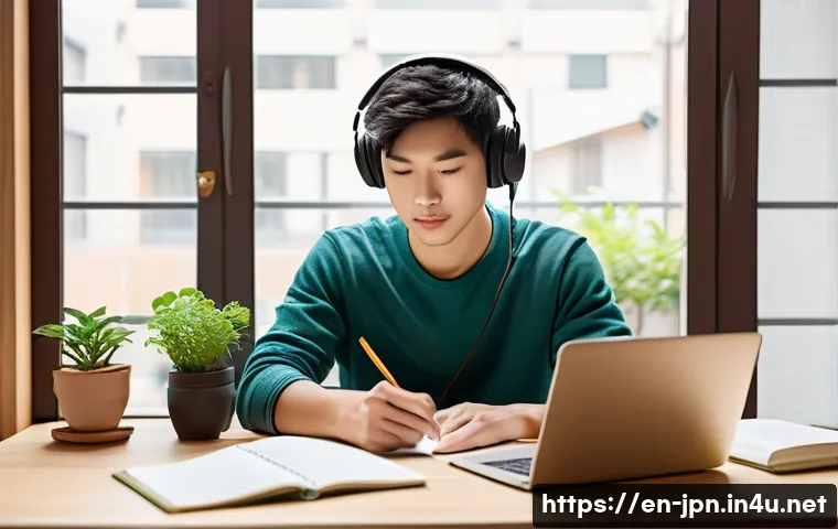 JLPT와 일본어 이론 공부 병행하는 법 - A cozy, modern study room bathed in soft morning sunlight streaming through large windows, featuring...