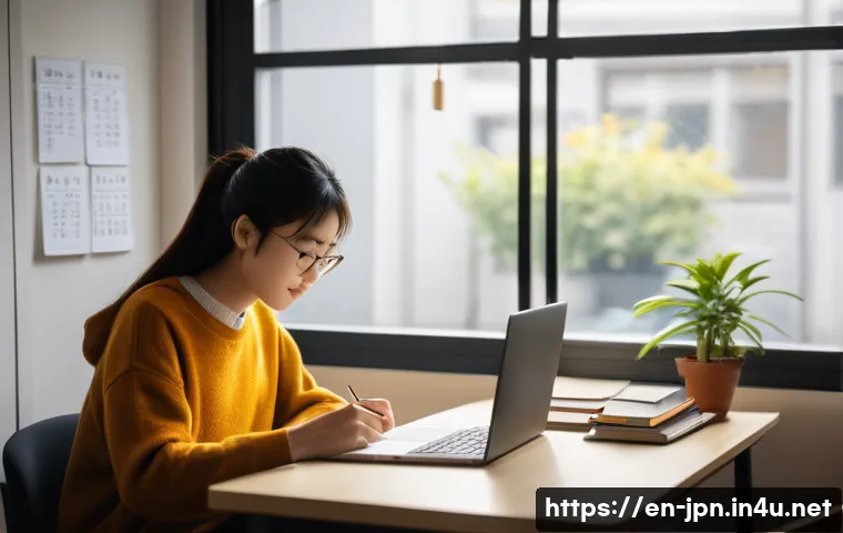 JLPT와 일본어 경시대회 준비법 - A cozy study room scene featuring a young adult focused on mastering Japanese grammar and vocabulary...