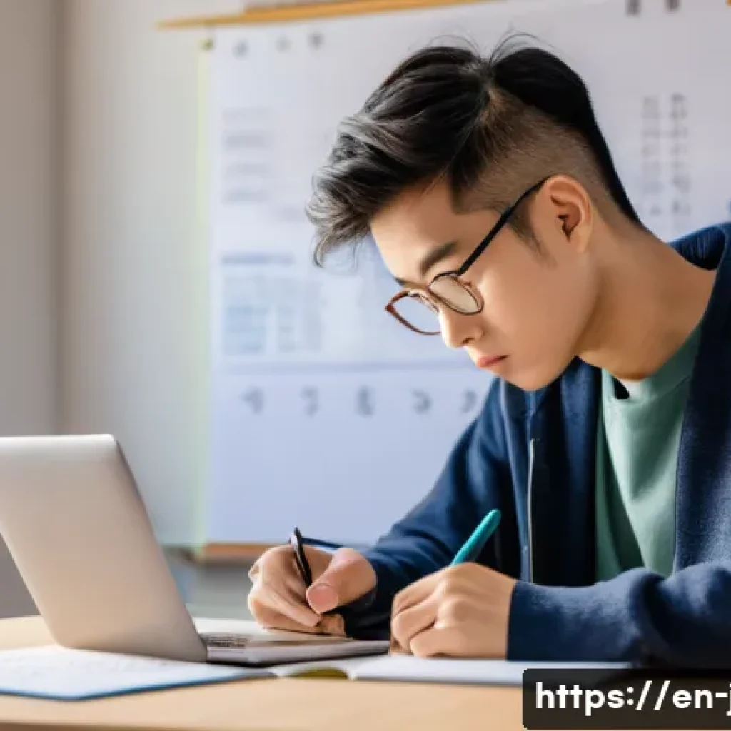 JLPT와 일본어 전문 번역 과정 비교 - A focused young adult studying Japanese language at a modern desk, surrounded by textbooks, JLPT pra...
