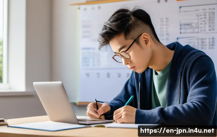JLPT와 일본어 전문 번역 과정 비교 - A focused young adult studying Japanese language at a modern desk, surrounded by textbooks, JLPT pra...
