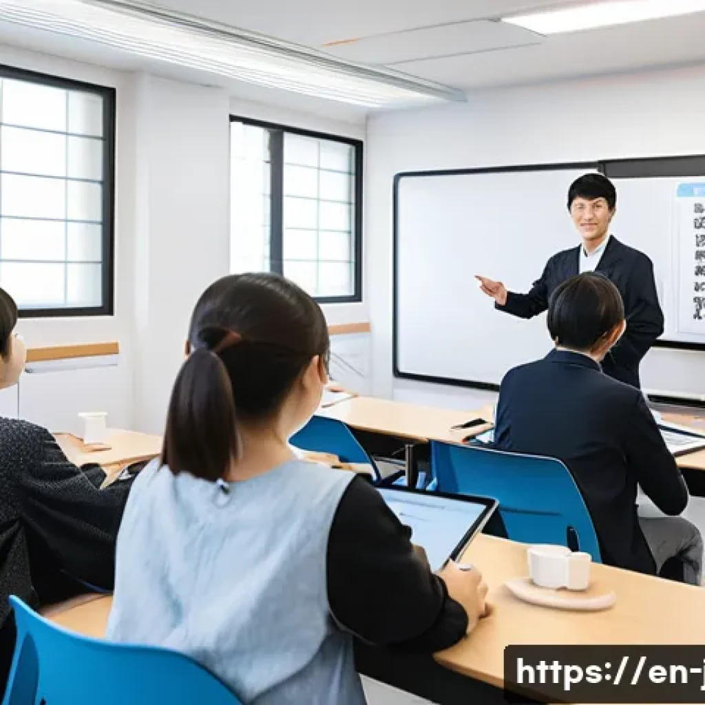 JLPT와 일본어 시험 전문학원 선택법 - A modern Japanese language classroom scene with a small group of diverse adult students (8-12 people...