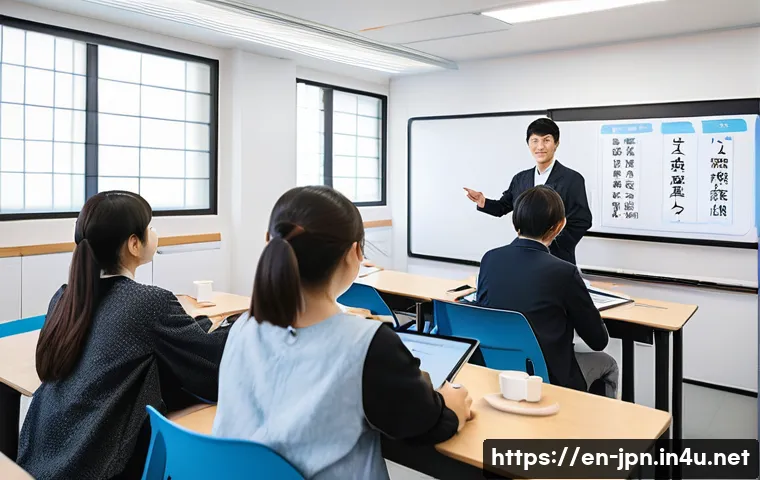 JLPT와 일본어 시험 전문학원 선택법 - A modern Japanese language classroom scene with a small group of diverse adult students (8-12 people...