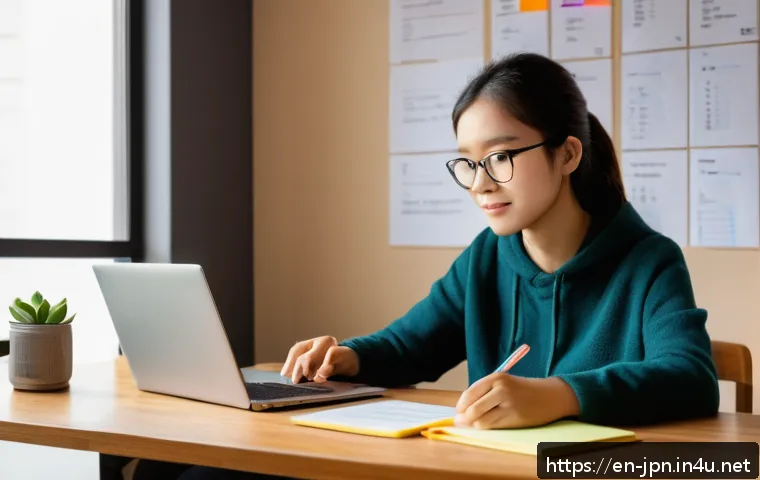 JLPT 시험의 중장기적인 학습 전략 - A cozy study room scene featuring a young adult learner sitting at a wooden desk with an open textbo...