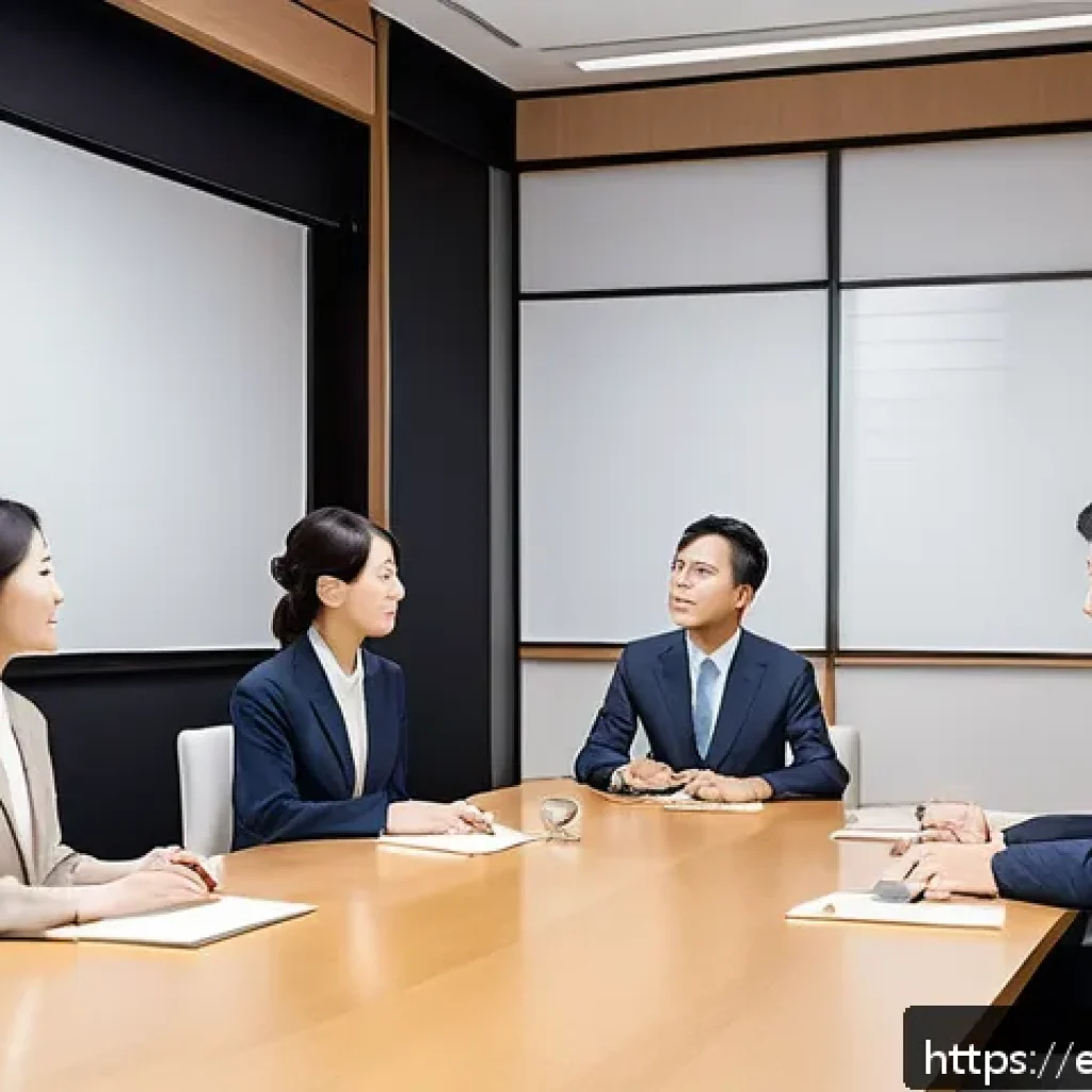JLPT와 일본어 비즈니스 소통 사례 - A professional Japanese business meeting scene in a modern Tokyo office, featuring a diverse group o...