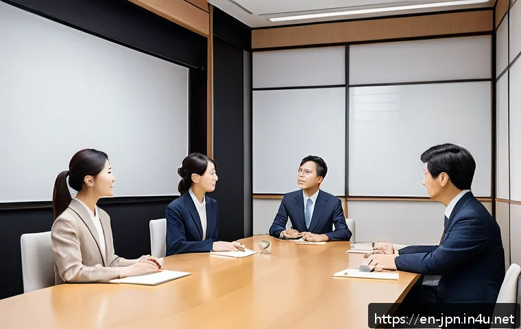 JLPT와 일본어 비즈니스 소통 사례 - A professional Japanese business meeting scene in a modern Tokyo office, featuring a diverse group o...