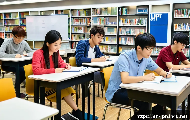 JLPT와 일본 내 고등 교육 진학 사례 - A diverse group of international university students studying together in a modern Japanese campus l...