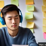 Home 20 JLPT 청해 능력 향상 비법 - A focused young adult studying Japanese at a modern desk in a cozy home office, surrounded by JLPT t...