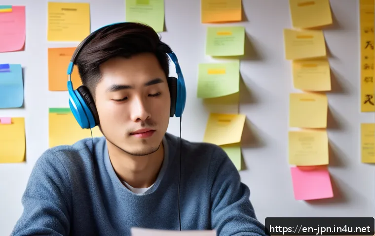 JLPT 청해 능력 향상 비법 - A focused young adult studying Japanese at a modern desk in a cozy home office, surrounded by JLPT t...