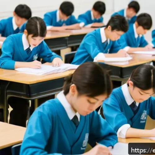 Home 31 JLPT 시험의 한국과 일본 응시 환경 차이 - A quiet, formal Japanese JLPT exam hall scene showing rows of students seated at standard school des...