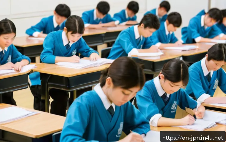 JLPT 시험의 한국과 일본 응시 환경 차이 - A quiet, formal Japanese JLPT exam hall scene showing rows of students seated at standard school des...