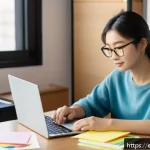 Home 18 JLPT N2 시험에서 자주 나오는 단어 - A cozy study scene in a modern home office featuring a young adult casually dressed in comfortable c...
