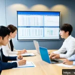 Home 23 JLPT와 일본 내 자격증과의 연계성 연구 - A professional office scene in Tokyo featuring a diverse group of young foreign and Japanese employe...