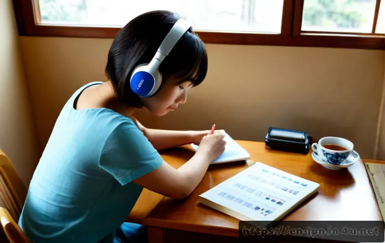JLPT와 일본어 학습 경험 공유 - Photorealistic study scene of a focused adult learner preparing for a Japanese language proficiency ...
