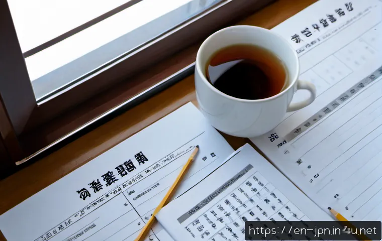 JLPT 시험 난이도 변화 추이 - Photorealistic overhead study desk scene illustrating changing Japanese language proficiency exam di...