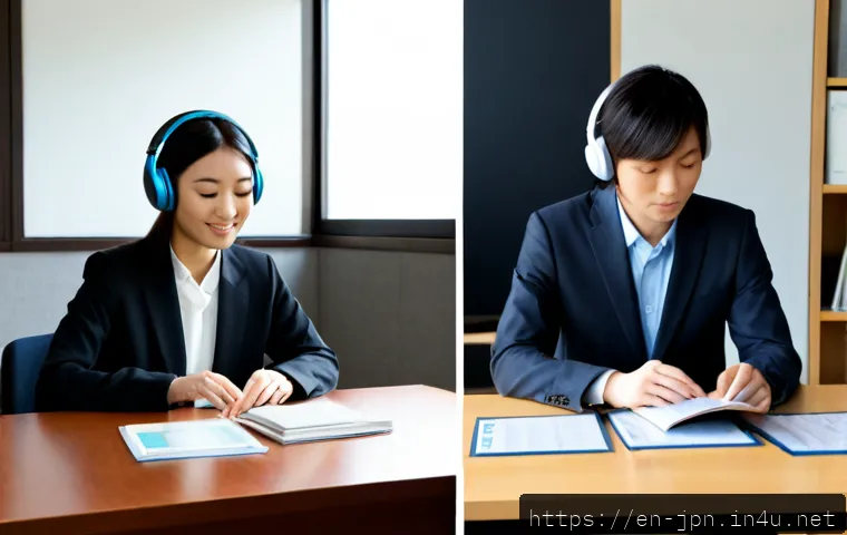JLPT와 비즈니스 일본어 시험의 차이 - Photorealistic split-scene comparison: on the left, an adult learner in a quiet library studying Jap...