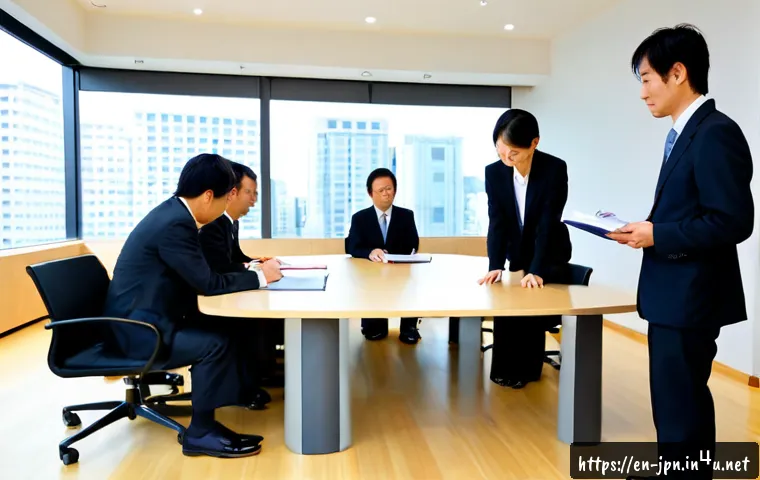 JLPT와 일본 비즈니스 문화 - Photorealistic Japanese business meeting in a bright modern Tokyo office, diverse international prof...